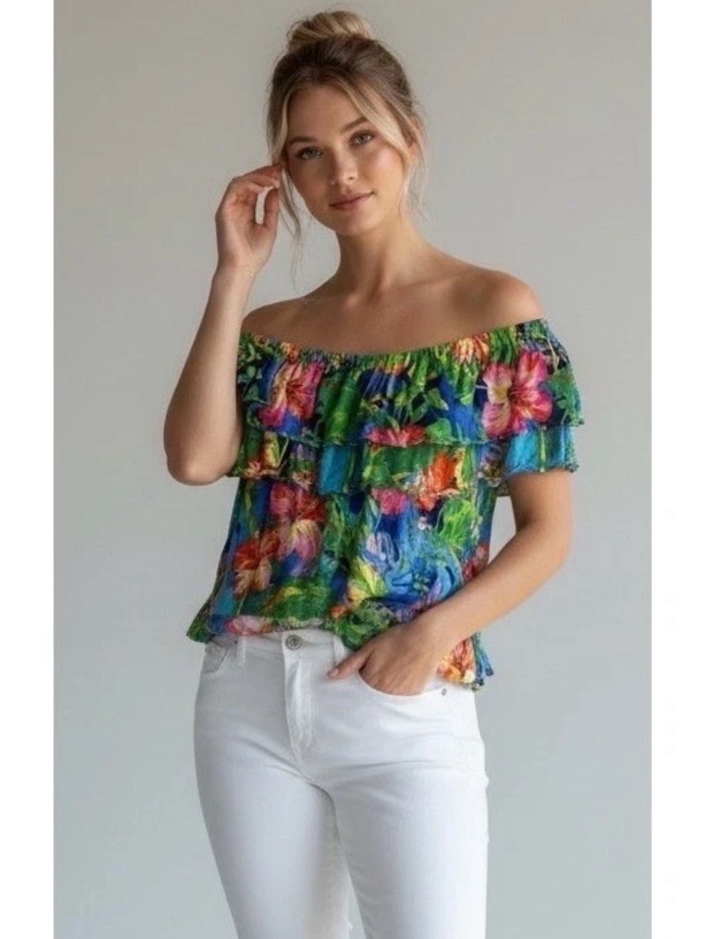 LAUREN RALPH LAUREN Top Women L Linen Blend Off Shoulder Ruffle Tropical Floral